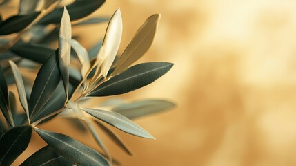 Poster - Delicate olive branch with lush green leaves stands out against a softly glowing golden backdrop, creating a sense of tranquility and connection to nature