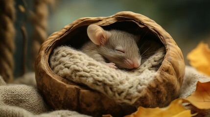 Poster - Tiny mouse enjoys peaceful sleep in cozy walnut shell bed surrounded by autumn leaves in a whimsical fairy tale setting