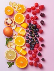 Poster - Fresh fruits and berries arranged beautifully on a soft pastel background in a clean, minimal style perfect for vibrant decoration