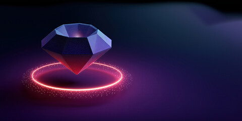 Poster - glowing 3D diamond shaped icon with floating halo ring emits futuristic vibe