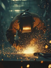 Aufkleber - Welder in action sparks fly in dark workshop with cinematic lighting