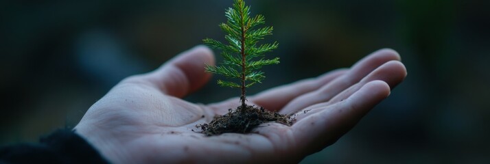 Poster - Tiny tree nurtured gently in an open palm symbolizes the commitment to nature and ecological preservation in a serene forest setting