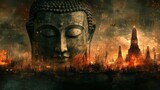 Massive buddha head overlooks a burning city landscape