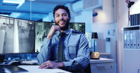 Poster - Security guard, face and man with surveillance, screen and service for safety with footage or system. Happy, law enforcement and person with tech for inspection, digital or protection in control room