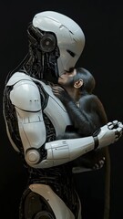 Poster - Advanced AI humanoid robot interacting with a chimpanzee, exchanging a symbolic gesture, representing artificial intelligence, evolution, and the connection between technology and nature in a dark fut