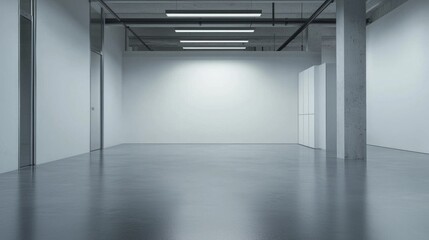Poster - An expansive office space features smooth concrete flooring and white walls, creating a minimalist backdrop perfect for innovative work or team interactions. Natural light enhances the atmosphere