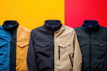 Poster - Colorful street jackets arranged in rows against a vibrant background showcasing modern textures and styles