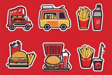Poster - Fun and colorful food truck sticker collection featuring burgers, fries, and soda on a vibrant red background