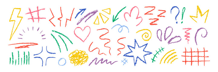Aufkleber - Set of movement elements with crayon, pastel or chalk texture. Expressive, emotion and decoration lines with sun, heart, grid and spot in sketch style. Color vector illustration on a white background.