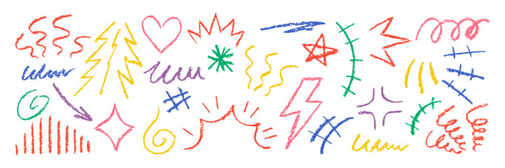 Aufkleber - Set of movement elements with crayon, pastel or chalk texture. Expressive, emotion and decoration lines with bolt, heart, star in sketch style. Color vector illustration on a white background.
