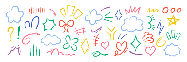 Aufkleber - Set of movement elements with crayon, pastel or chalk texture. Expressive, emotion and decoration lines with bow, cloud, heart and exclamation in sketch style. Color vector illustration.