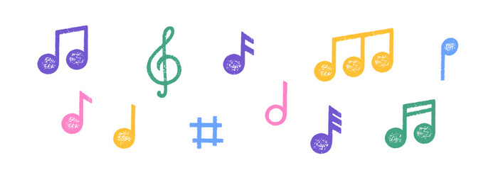 Aufkleber - Set of hand drawn music notes with crayon, pastel or chalk texture. Cute doodle elements for kids or decorations. Color vector illustration on a white background.