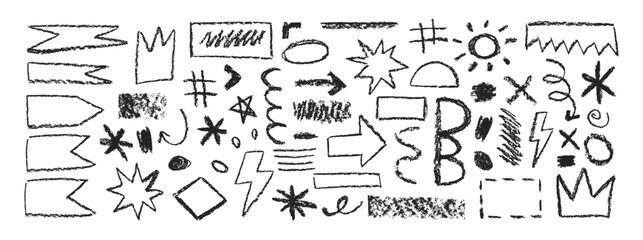 Aufkleber - Set of y2k shapes with hand drawn texture of crayon, pastel or chalk. Sun, star, crown and arrow in sketch style. Black vector illustration on a white background.