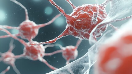 Poster - Abstract microscopic view of red neurons in detail