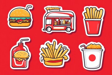 Poster - Sticker collection featuring fun food truck illustrations including burgers, fries, and drinks on a bold red background