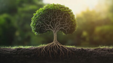 Leinwandbilder - Roots symbolize neural networks in a tree, showcasing the concept of organic intelligence in a serene outdoor setting