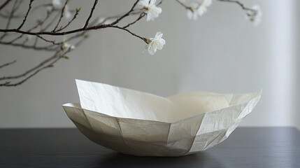 Poster - Elegant paper bowl with origami design beside cherry blossoms