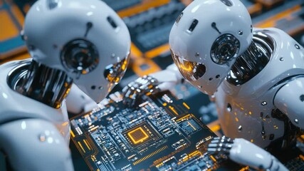 Poster - Futuristic nanorobots actively assembling a circuit board, showcasing advanced nanotechnology, precision engineering, the future electronic manufacturing, symbolizing innovation and automation