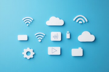 Aufkleber - Tech pictogram stickers featuring wifi, cloud, and gear symbols on a blue background for digital and design concepts