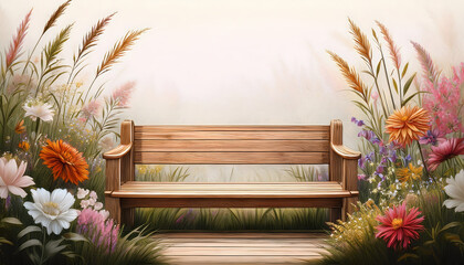 Aufkleber - A wooden bench surrounded by colorful flowers in a serene setting
