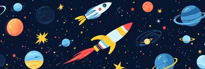 Poster - Explore a vibrant space-themed sticker pack featuring rockets, planets, and UFOs over a deep blue galaxy background