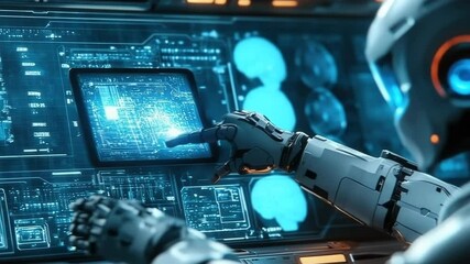 Poster - Futuristic humanoid robot working on multiple high-tech computer screens in a modern AI research center,demonstrating machine intelligence, deep learning,cybernetic progress in artificial intelligence