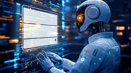 Poster - Futuristic humanoid robot working on multiple high-tech computer screens in a modern AI research center,demonstrating machine intelligence, deep learning,cybernetic progress in artificial intelligence