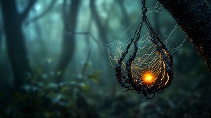 Aufkleber - Glowing anansi silk threads illuminating enchanted forest nature close-up mystical atmosphere artistic view
