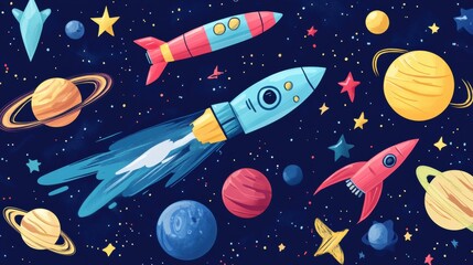 Poster - Explore a vibrant space-themed sticker pack featuring rockets, planets, UFOs, and constellations set against a stunning deep blue galaxy background