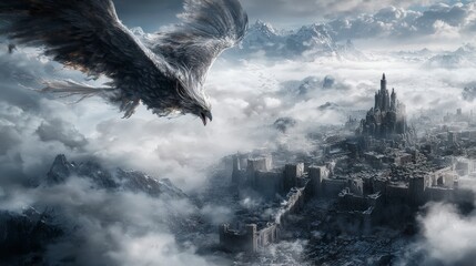Poster - Majestic grud soaring above enchanted cityscape fantasy realm digital art cloudy atmosphere aerial perspective