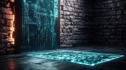 Poster - Digital portal opening abandoned stone room 3d render futuristic environment low angle virtual reality concept