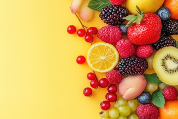 Aufkleber - Fresh fruits and berries create a vibrant and colorful display on a pastel background in a minimal style arrangement