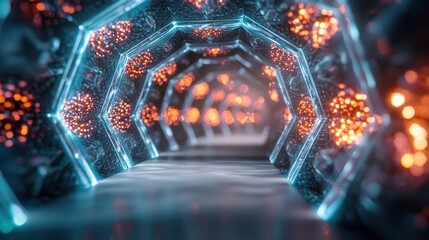 Poster - Futuristic light tunnel exploration science fiction setting digital artwork neon environment abstract viewpoint conceptual journey