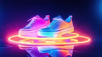 Aufkleber - Trendy neon sneakers displayed on a glowing pedestal with a reflective surface and vibrant fashion spotlight