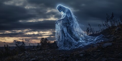 Aufkleber - Banshee haunting scene on hill at dusk ethereal ghostly image mysterious landscape eerie atmosphere