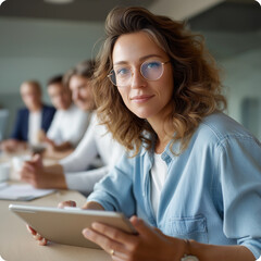 Poster - In a contemporary office environment, a woman with glasses confidently leads her team while using a tablet, fostering collaboration and innovation during the meeting