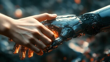 Poster - Handshake between robot and human . Concept of technology development, artificial intelligence, partnership, cooperation