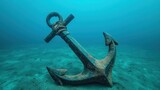 Underwater View of Ancient Rusty Anchor Surrounded by Calm Blue Ocean Waters