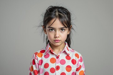 Poster - Portrait of a serious young girl with dark hair in polka dot shirt on light background, studio shot with neutral tone and focused expression.