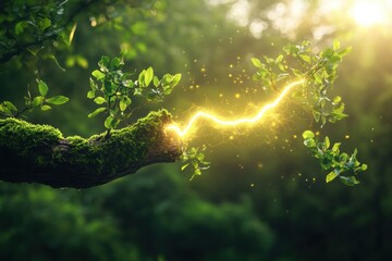 Poster - Tree branch shaped like lightning bolt symbolizes the power of nature in a forest setting during the golden hour of sunlight filtering through leaves