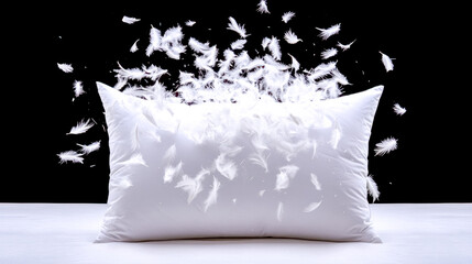 Wall Mural - White pillow bursting with feathers on black background