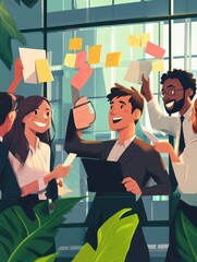 Poster - Diverse group of smiling businesspeople brainstorming together with sticky notes on a glass wall while working in a modern office illustration