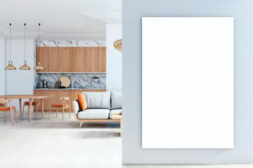 Poster - Modern interior room with blank wall canvas mockup for design presentation in light wooden kitchen and cozy furniture layout scene. 3D Rendering