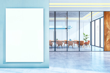 Poster - Vertical blank canvas mockup on light blue wall in modern office interior with glass meeting room and furniture in background. 3D Rendering