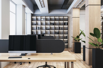 Poster - Modern empty office interior with wooden desks, computers, and stylish shelving units in contemporary corporate workplace setting. 3D Rendering