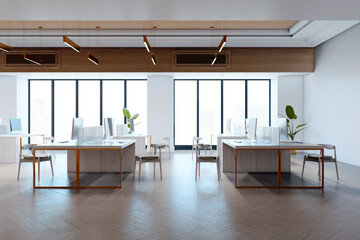 Poster - Modern minimal office interior with shared workstations, large windows, wooden floor, and sleek lighting in a clean architectural space. 3D Rendering