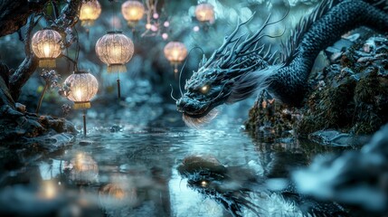 Poster - Majestic dragon emerges from mystical waters enchanted forest fantasy art nighttime serene atmosphere
