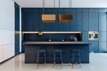 Poster - Modern kitchen interior with dark blue cabinets, golden accents, and minimalist furniture in contemporary home setting with clean design and lighting. 3D Rendering
