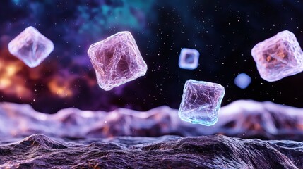 Poster - Floating energy crystals cosmic space digital art stellar environment close-up view abstract science concept