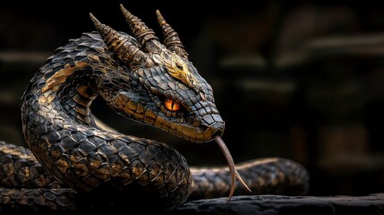 Poster - Majestic dragon snake encounter fantasy realm digital art dark atmosphere close-up mythical creatures